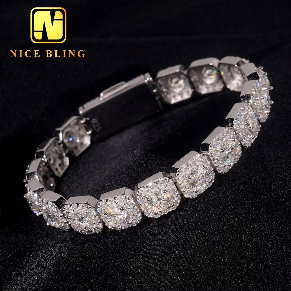 Luxury Fire Jewelry 10mm 925 Sterling Silver D Color VVS Moissanite Diamond Cluster Tennis Chain Necklace for Men Women