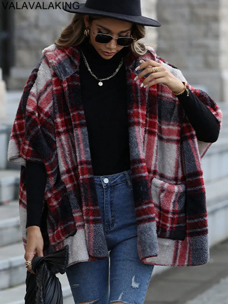 Autumn Winter Plaid Print Women Jacket Thick Plush Hooded Warm Casual Coat Soft Loose Cardigan Lady No buckle Short 250730