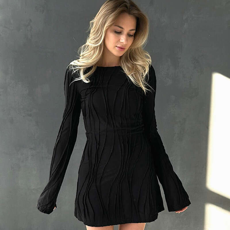 Yds427 Women's Autumn New Solid Color Round Neck Wave Stripe Long Sleeve Bodycon Dress B5