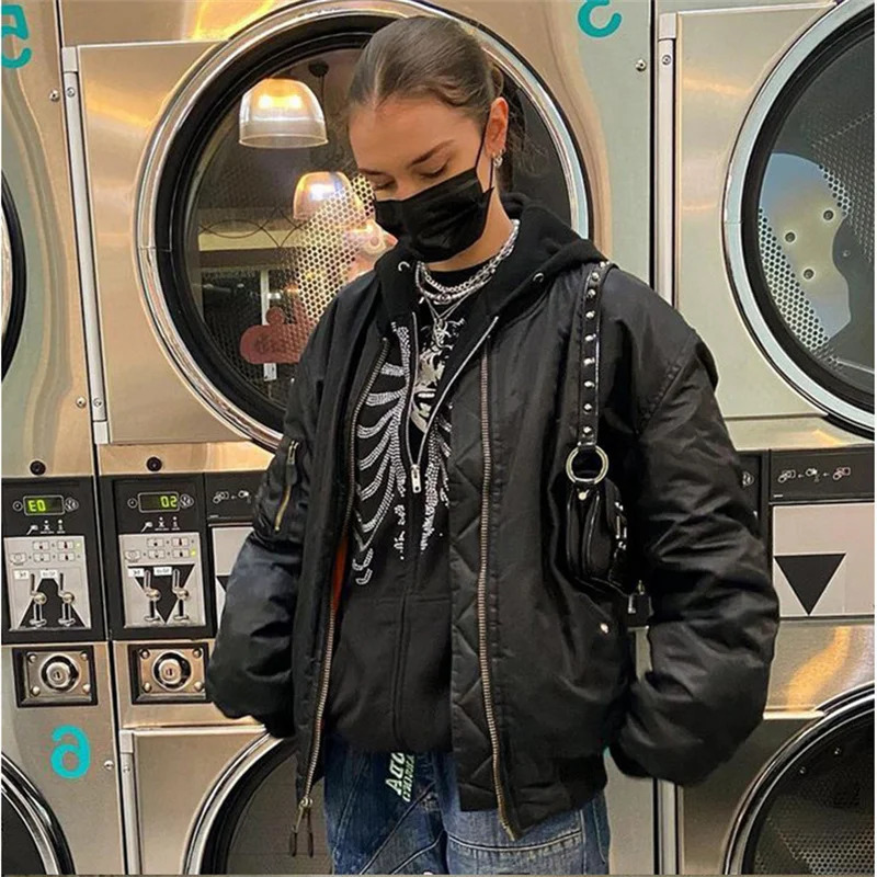 Women Gothic Black Zip Up Oversized Sweatshirts Y2K Rhinestone Skeleton Hoodies Female Retro Harajuku Hooded Jacket Streetwear 250729