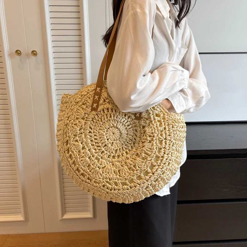 Women Boho Woven Handbag Summer Beach Tote Straw Bag Round Rattan Shoulder Bag G250729