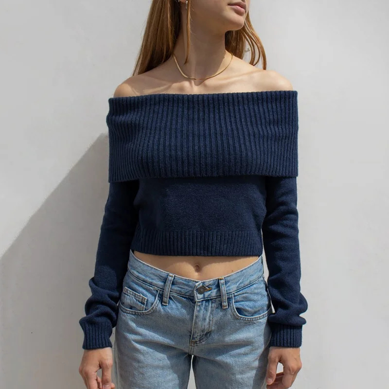1990s Fairycore Sweater Women Aesthetic Clothes Folding Off Shoulder Long Sleeve Knitted Crop Tops 2000s Clothing Streetwear 250723