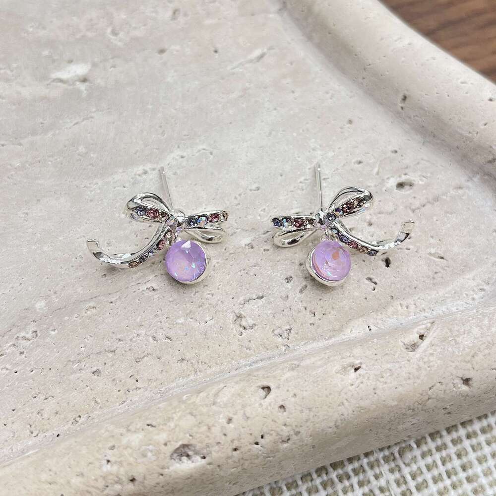 TikTok French Light Style Colorful Dia Bow Zircon Earrings Niche High-End Atmosphere 0e7