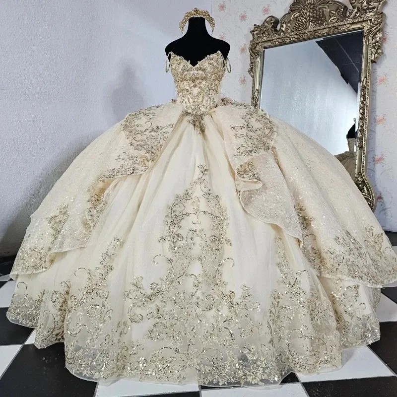 Light Champagne Quinceanera Dresses 2025 Off the Shoulder Lace Applique Tulle Ball Gown Birthday Party Sweet 16 Vestidos De 15 Anos