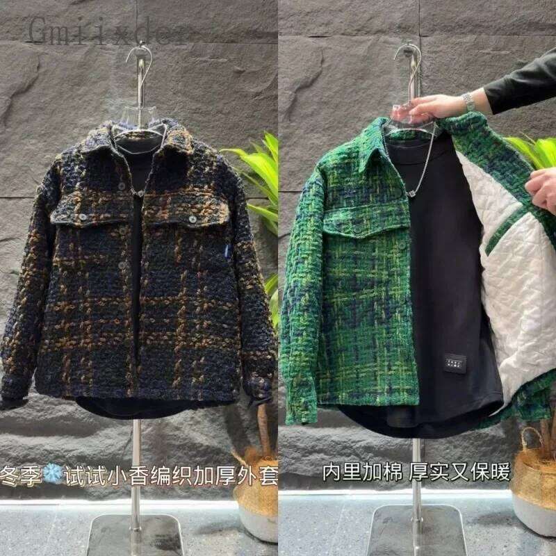Elegant Plaid Warm Padded Men's Korean Streetwear Parkas Trendy Versatile Loose Thickened Lapel Shirt Jacket Men Clothing