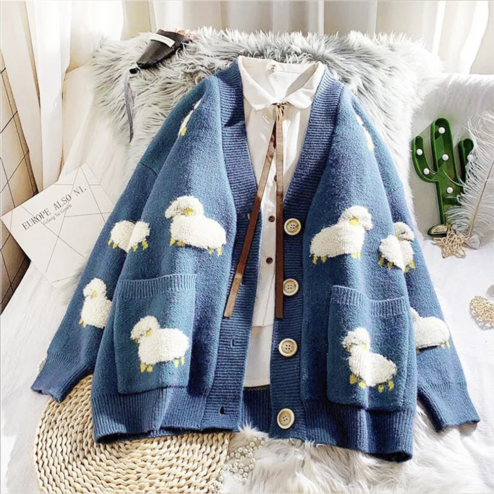 Blue Sheep Cartoon VNeck Long Sleeve Loose Knitted Sweater Womens Cardigan Thick For Women Clothing Fashion Winter 250730