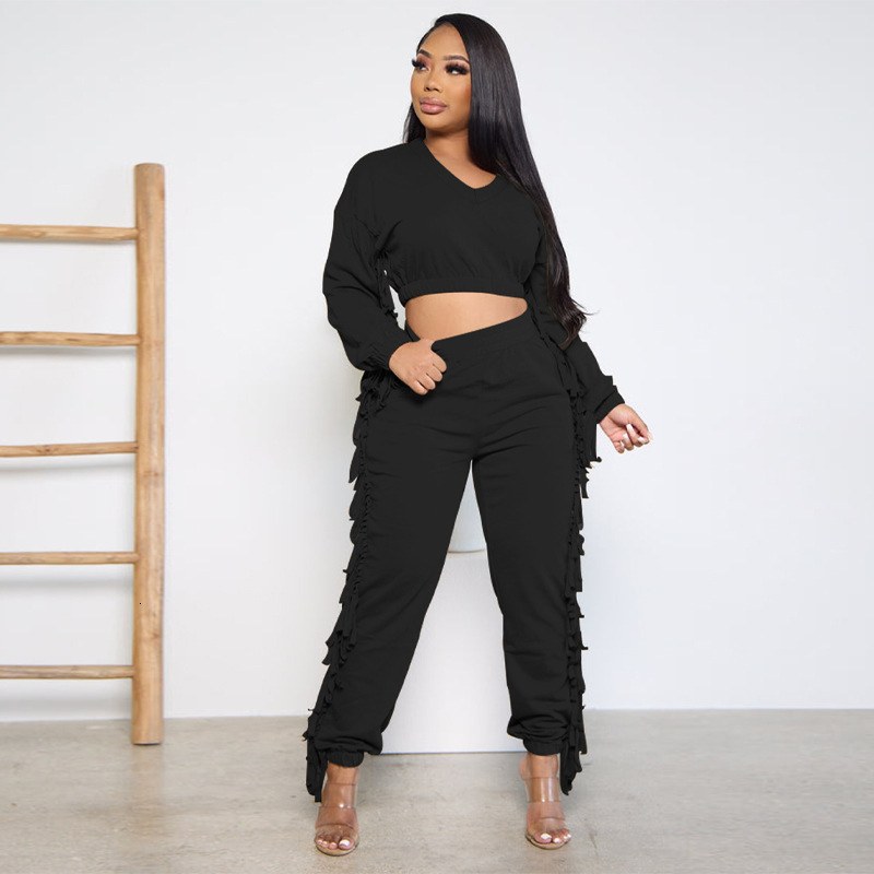 F1360-2 New Womens Solid Color Black Tassel Short Fashion Casual Set