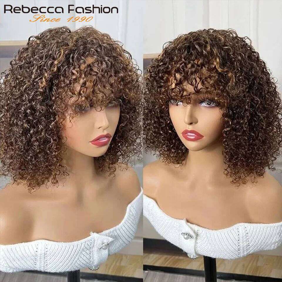 Short Pixie Bob Cut Human Hair With Bangs Jerry Curly Full hine Wig Highlight Honey Blonde Colored Wigs For Women