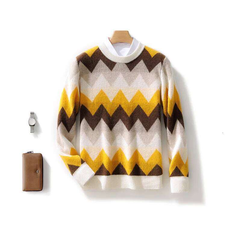 Men's 100% Merino Wool Soft Sweater O-Neck Stripe Pullover Contrast Casual Knitting Jumper Thickened Autumn Winter Loose Top MDNG