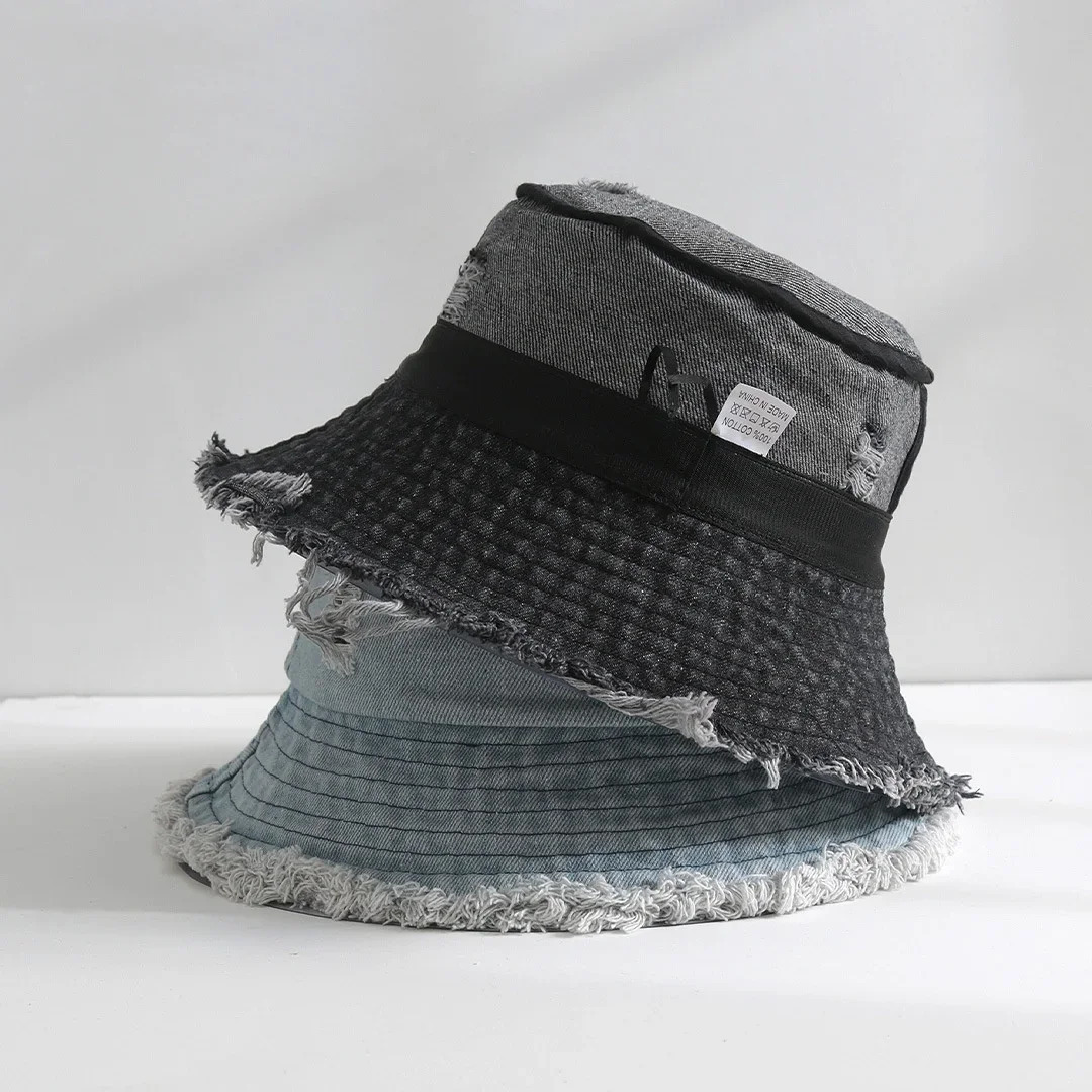 Fashion Sunscreen Hat Solid Color Fur Denim Fisherman Hat Denim Style Men Women Bucket Hat Fringed Edge Summer Vintage Bob Hat 250724