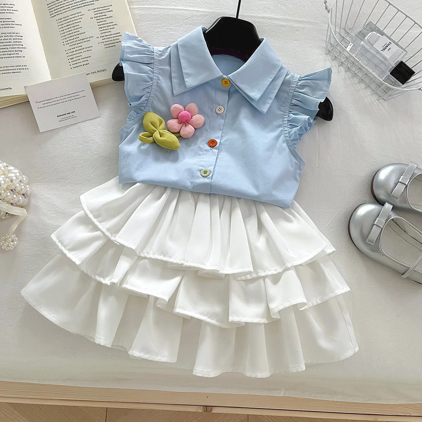 Summer Kid Girl 2PCS Clothes Set Cotton 3D Flower Fly Sleeve Polo Shirt Suits Loose Cake Princess Skirts Outfit Infant Girl Suit 250729
