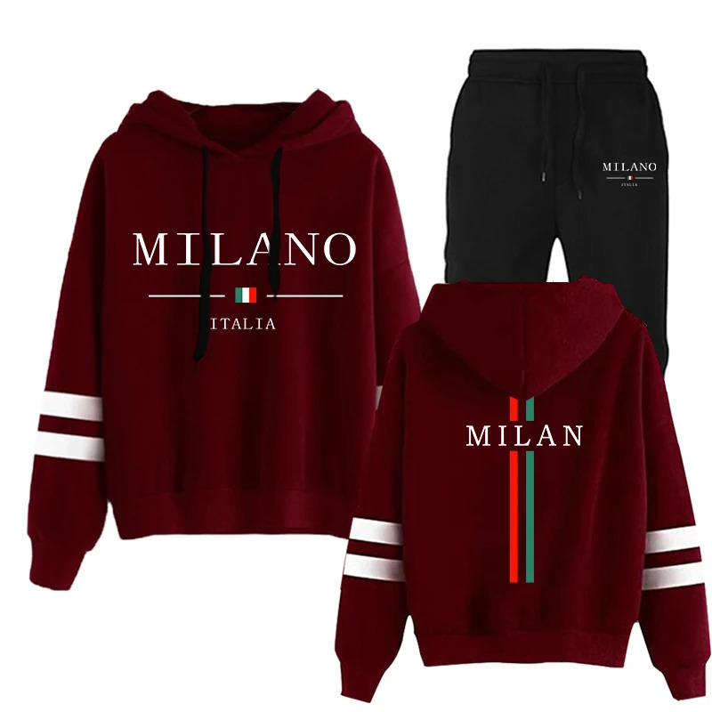 Italy Milan Womens Tracksuit Hooded Sweatshirts and Black Sweatpants High Grade Ladies Casual Sports Outfits Fashion Streetwear 250730