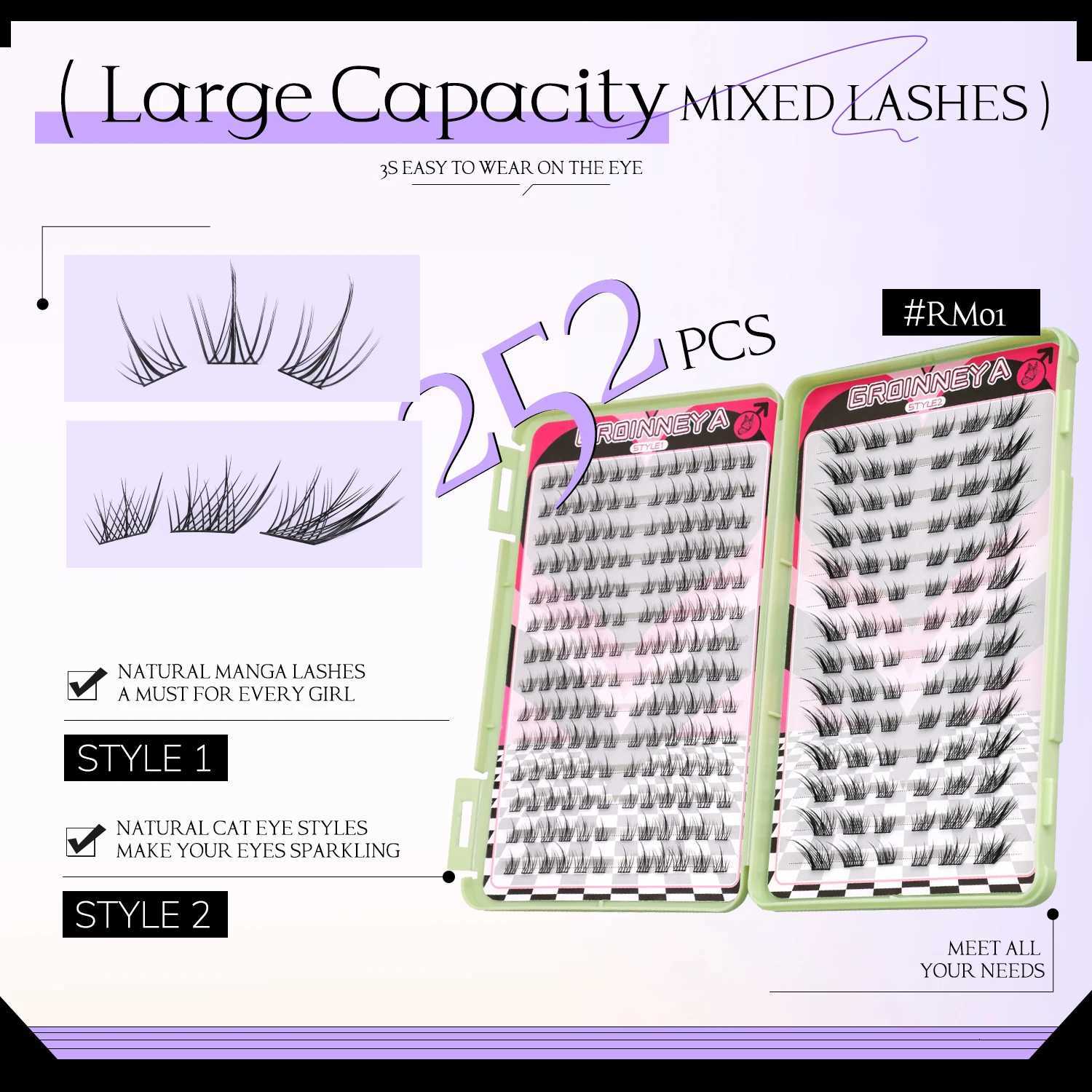 RNNEYA Natural DIY Cluster Lashes Book Mixed Tray Fake Lashes Soft Cross Natural Look Individual Eyelashes Extension Makeup Z250730