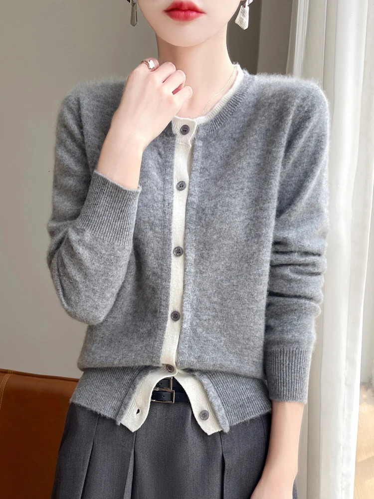 Women Wool Sweater Oneck Long Sleeve Cardigan Autumn Winter 100% Merino Knitwear Cashmere Coat Korean Clothing 250730