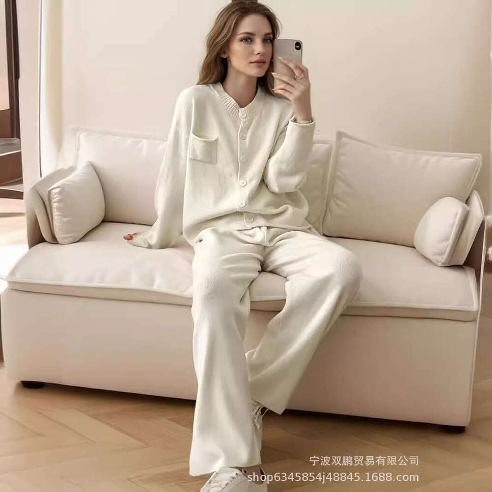 Autumn Winter New Loose Knitted Suit For Women Round Neck Cardigan Sweater + Wide Leg Pants B5