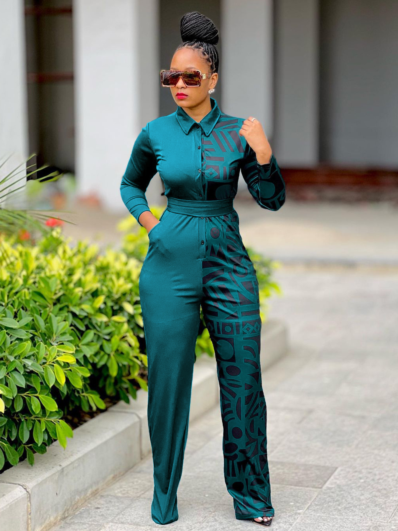 NF129 Autumn and Winter Womens Solid Color Patchwork Pocket Fashion Casual Jumpsuit