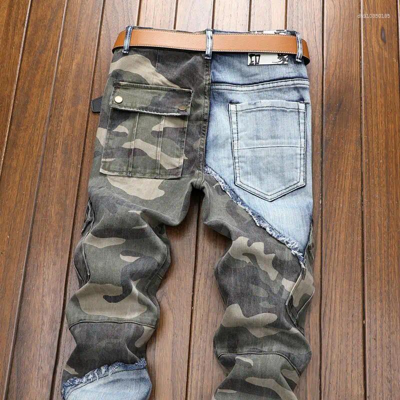 Lanjia- Men's Slim Fit Jeans - Retro Patchwork Design, Elastic Waistband, Camouflage Accent For Casual Wear B79f3