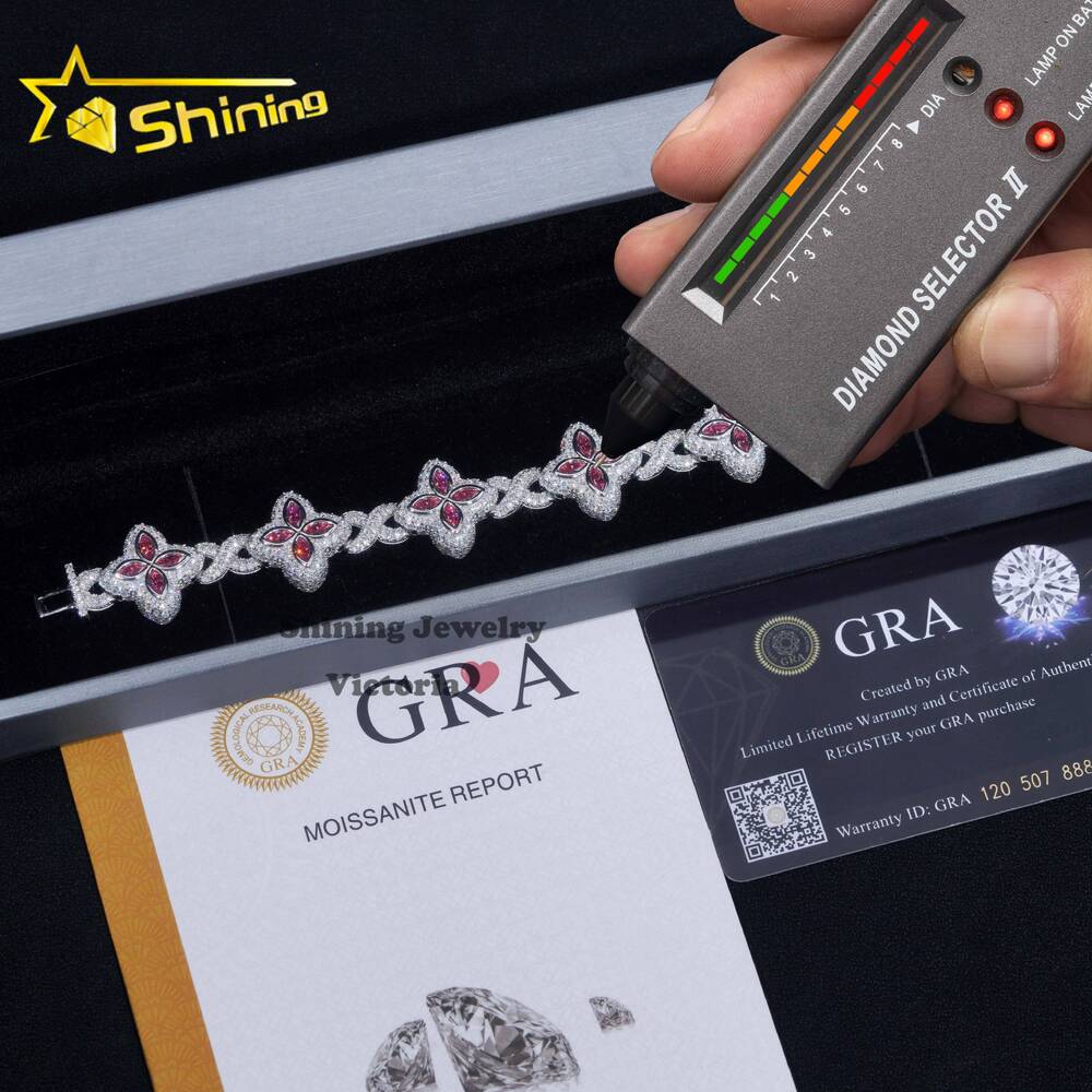 18MM Hip Hop Style Sterling Silver Iced Out Clover Infinity Link Bracelet Jewelry Pink Marquise Moissanite Clover Cuban Bracelet