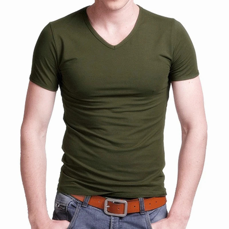 Stretch V Collar Mens TShirt Solid Color Short Sleeve For Men Tights Slim Fit Tops Tees 250729