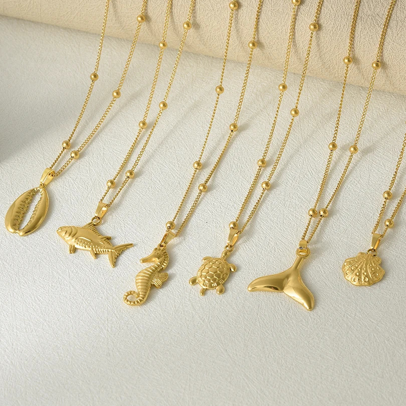 1Pc Temperament Fashion Summer Beach Blue Marine Life Sea Horse Shell Turtle Mini Fish Bead Necklace Classic Clavicle Chain 250716