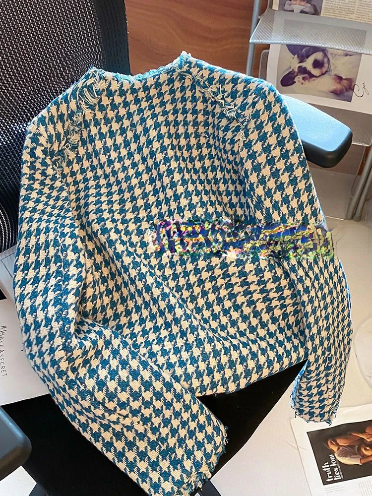 Vintage Tweed Jacket Women Korean Chic Coat Cropped Tops Plaid Single Breasted Long Sleeve Spring Autumn Clothing 250730