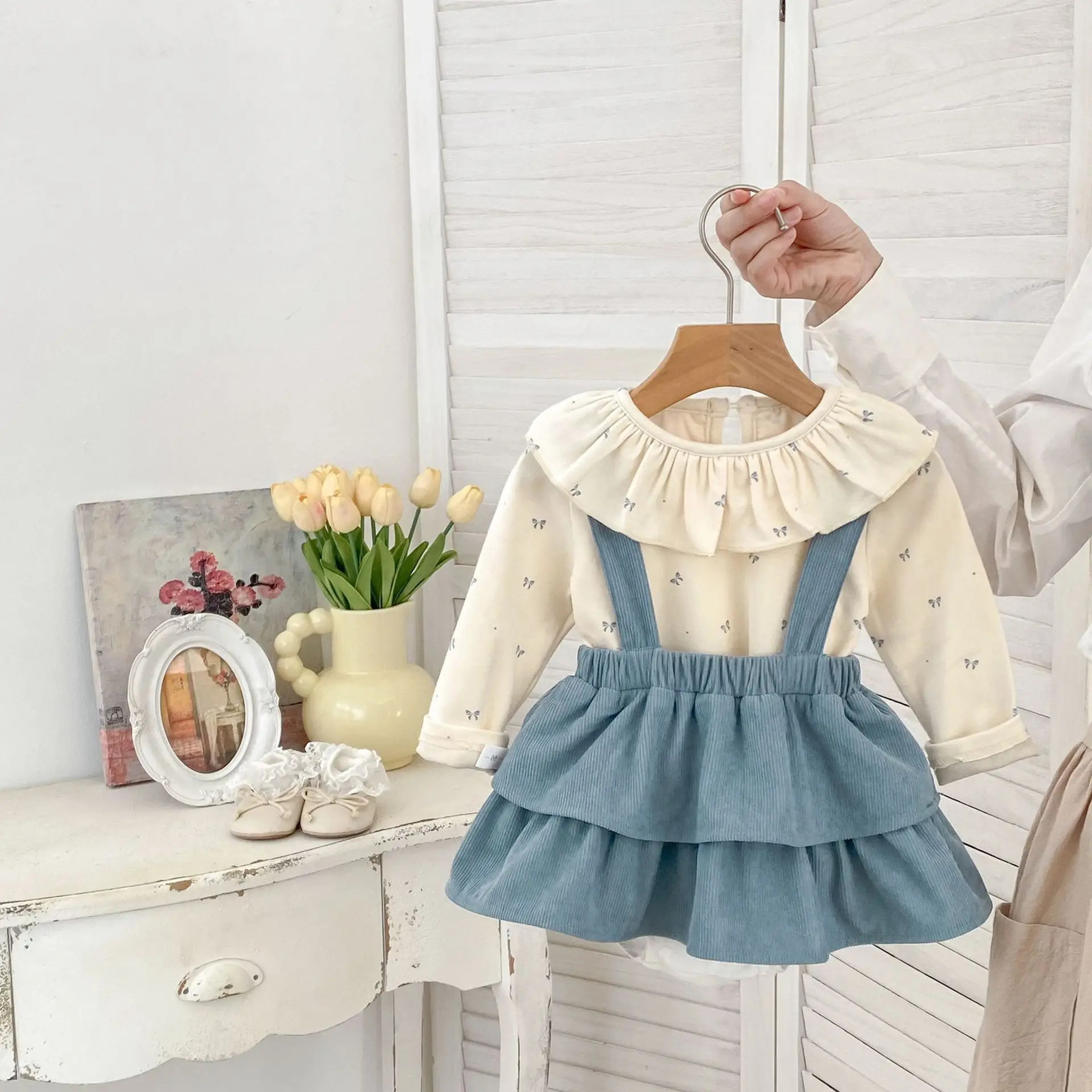 Baby Autumn Set Sweet Bow Long Sleeve Lace Collar Bottom Shirt Strap Skirt Pants Two Piece Set 250729