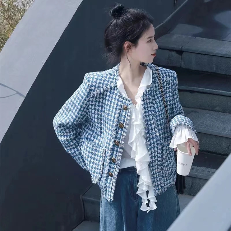 Vintage Tweed Jacket Women Korean Chic Coat Cropped Tops Plaid Single Breasted Long Sleeve Spring Autumn Clothing 250730