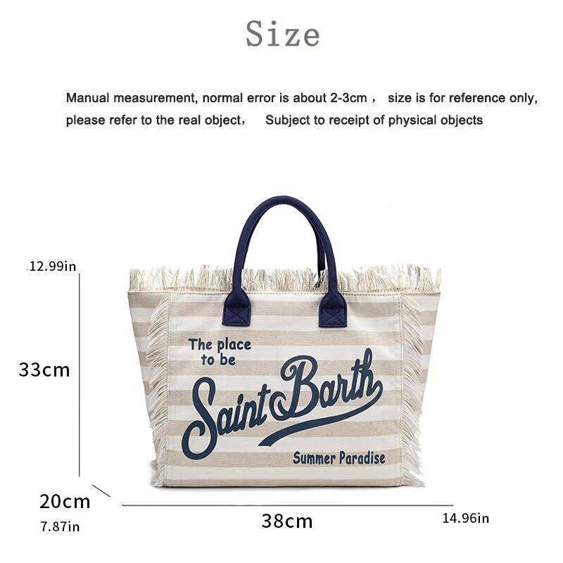 Saint Barth Large Capacity 2025 Handbag European and American Beach Street Horizontal Striped Apricot Canvas Tote Bag for Women