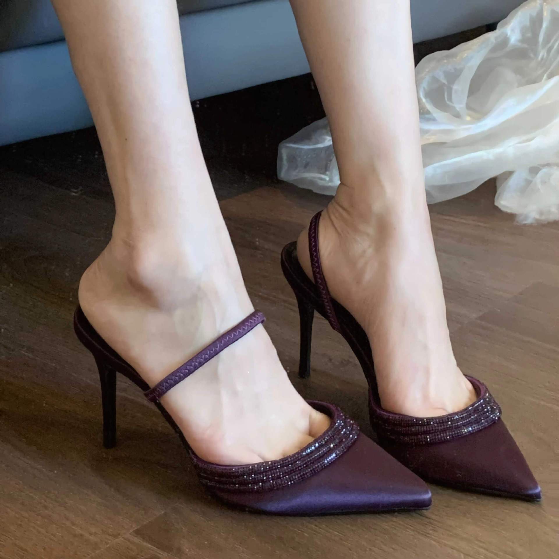 2025 summer new pointed purple slim high-heeled shallow mouth rhinestone lace up satin sandals for women half slippers designer high heels