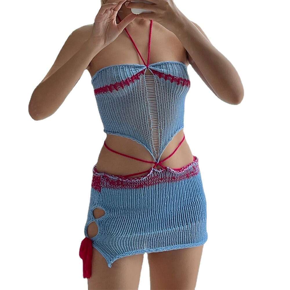 Summer New Style Color-Block Halter Tie Sexy Bodycon Skirt Knit Set For Women B5