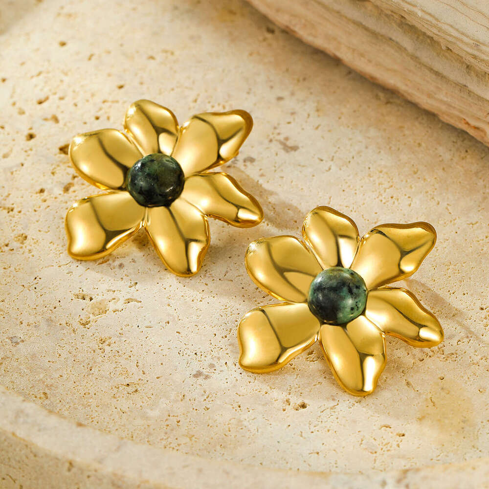 Hot-Selling Style Hexagonal Lace Titanium Steel Earrings with Cat's Eye Stone Niche Exquisite Exaggerated Ear Jewelry