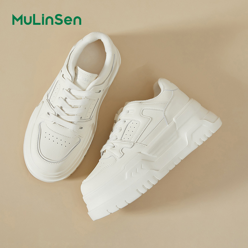 Mulinsen thick-soled white shoes for women 2025 four seasons new versatile casual sports genuine leather platform shoes small size sneakers