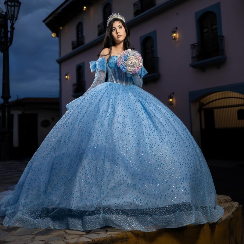 Sky Blue Shiny Quinceanera Dresses Off The Shoulder Beading Crystal Bow Tull Corset Ball Gown Vestidos De 15 Anos Sweet 16 Dress