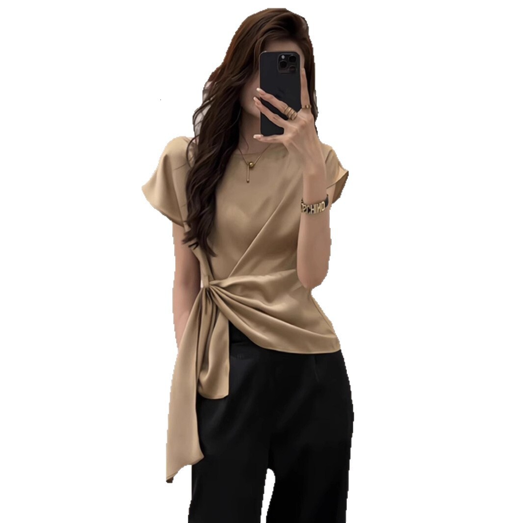 2025 French style lightweight luxury acetate satin women's T-shirt top high-end style summer new elegant waistband fashion shirt new designer T-s