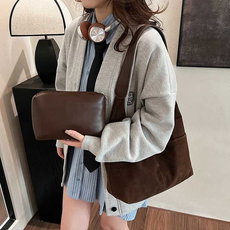 2-IN-1 Underarm Shoulder Bag Sets For Women Faux Suede Multi Pockets Large Capacity Shopper Tote Bag 2025 Lat Handbags Y250730