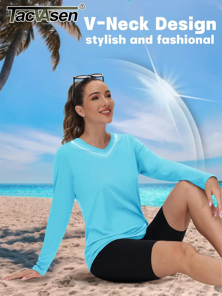 TACVASEN Summer Sun Protection Shirts UPF 50 Womens Long Sleeve V Neck Lightweight Quick Dry Tee Outdoor Pullover 250729