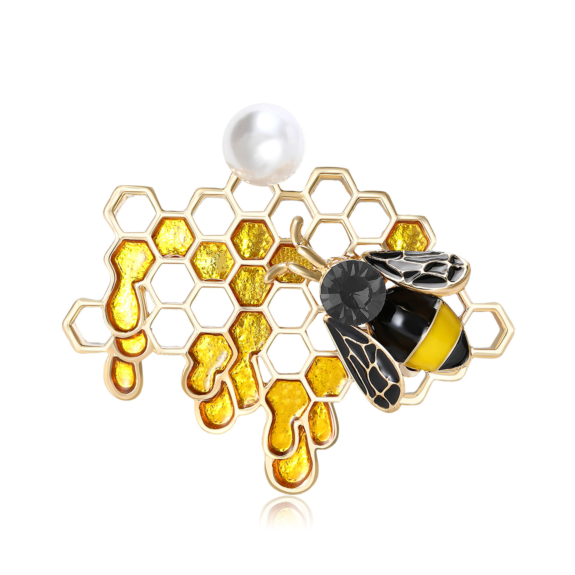 Gold Tone Honeycomb & Bee Brooch With Pearl, Rhinestone And Enamel Accents Whimsical Party Jewelry And Gift For Her High Quality And Stylish Jewelry