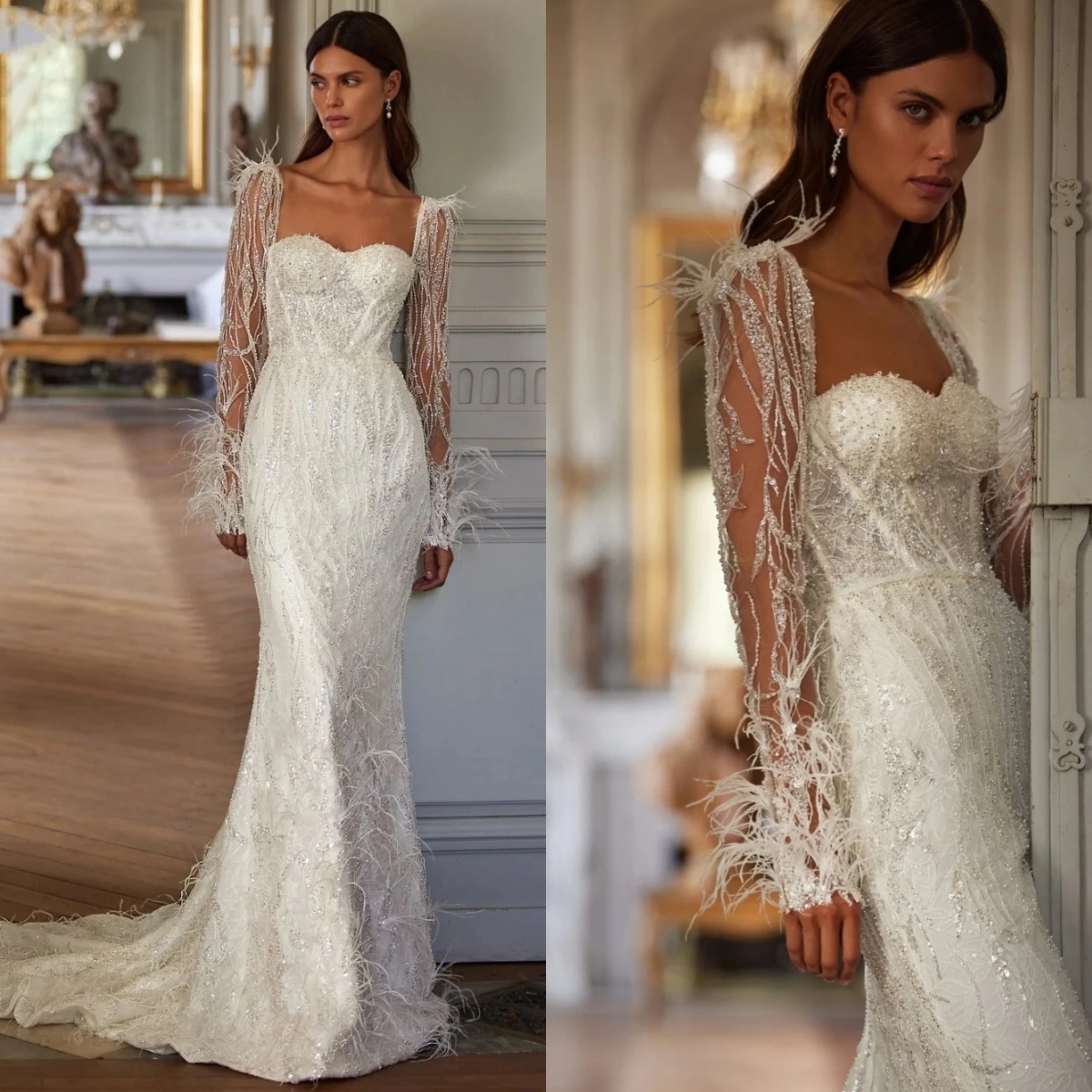 Classic Mermaid Wedding Dress Sweetheart Neck Long Sleeves Bridal Gowns Sequins Feather Backless Sweep Train Dresses Custom Made vestidos de novia