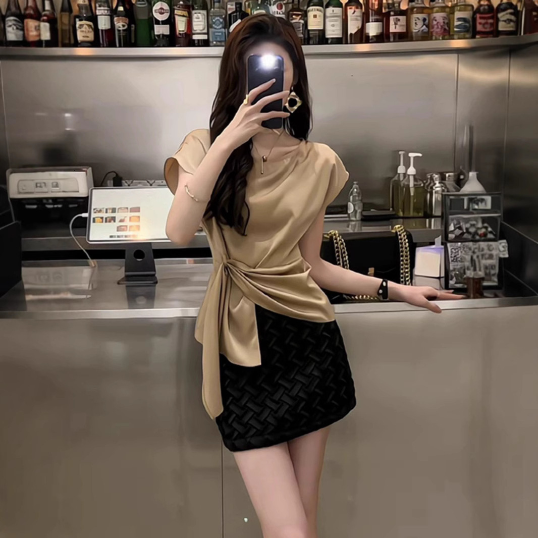 2025 French style lightweight luxury acetate satin women's T-shirt top high-end style summer new elegant waistband fashion shirt new designer T-s