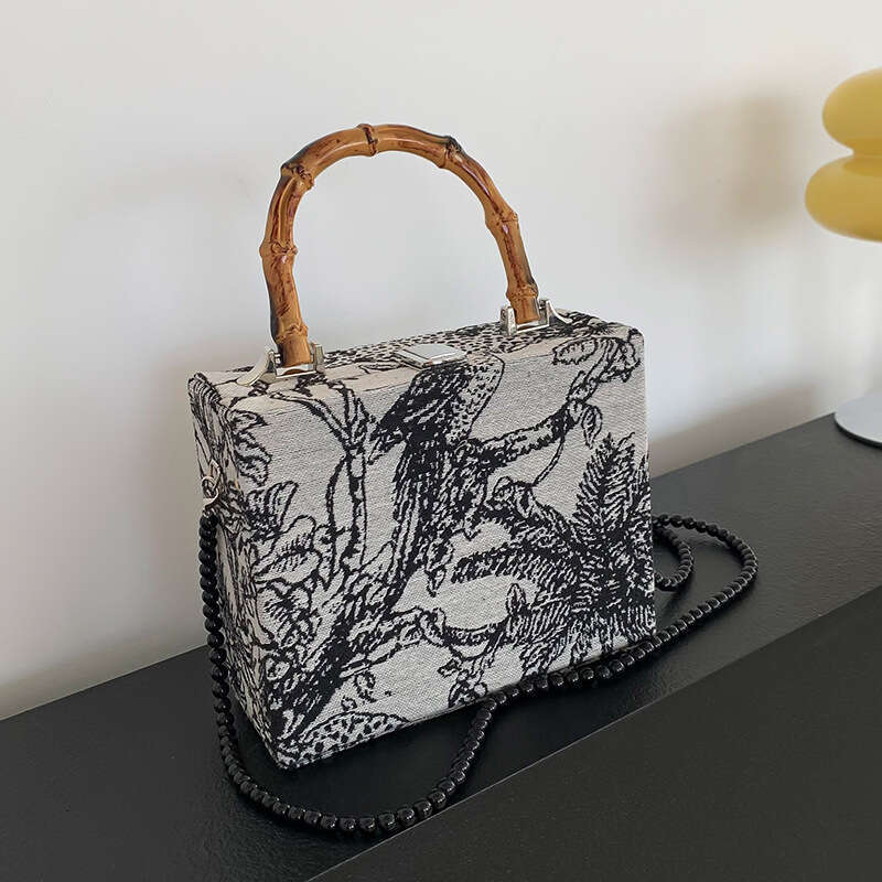 Summer Chinese Style Bamboo Knot Handbag for Women 2024 New Trendy Pearl Chain Crossbody Box Bag