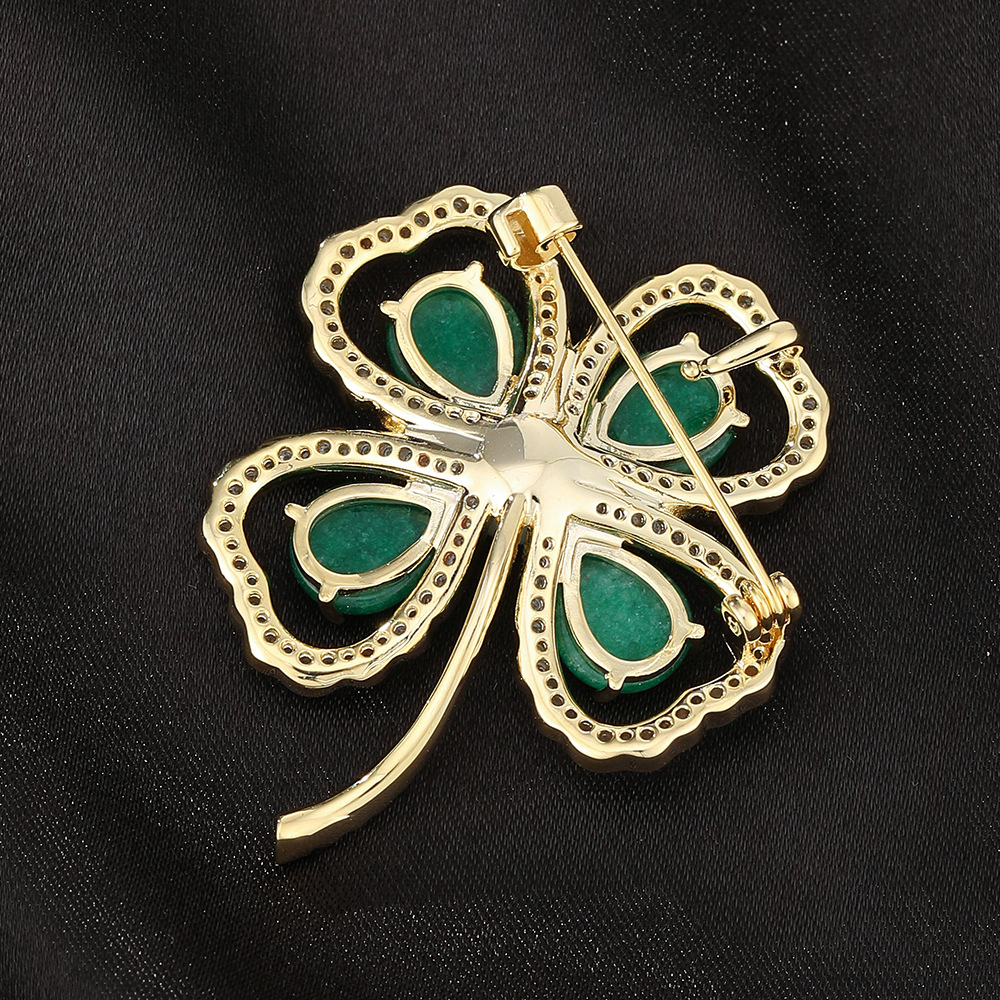 Silver Tone Rhinestone - Encrusted Four - Leaf Clover Brooch With Green Teardrop Gemstones And Pearl Center Elegant Daily Jewelry And Gift For Her Hig