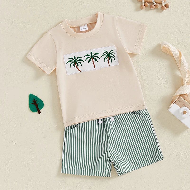 Toddler Baby Boy Summer Outfits Short Sleeve Embroidered T Shirt Tees Striped/Plaid Shorts Infant Clothes Set 250729
