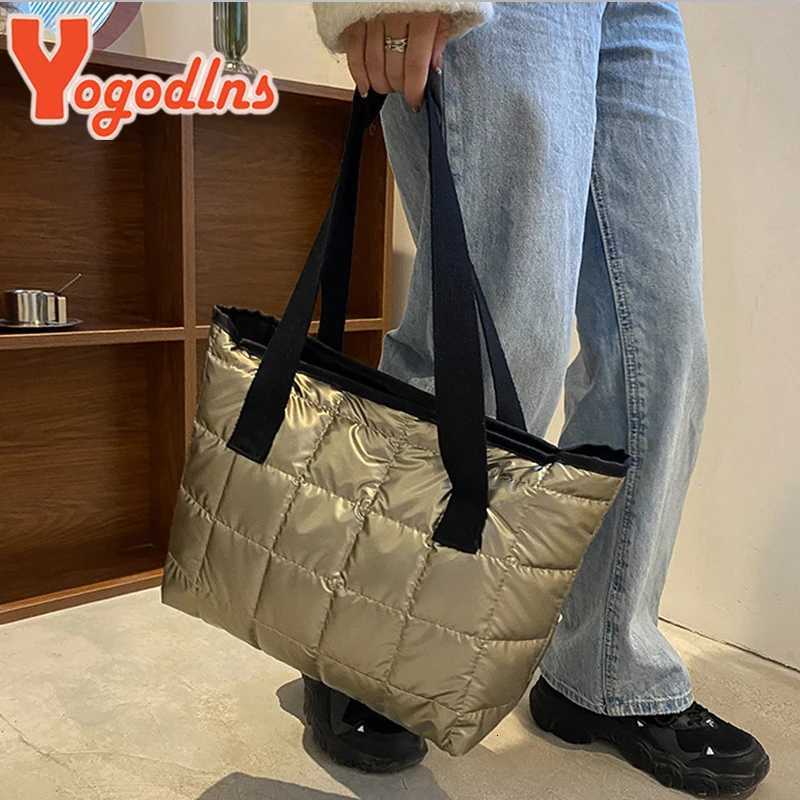 Yogodlns Winter Lozenge Tote Bag Space Cott Handbag Large Capacity Shoulder Bag Warm Down Handbag Casual Portable Handle Bag Y250730