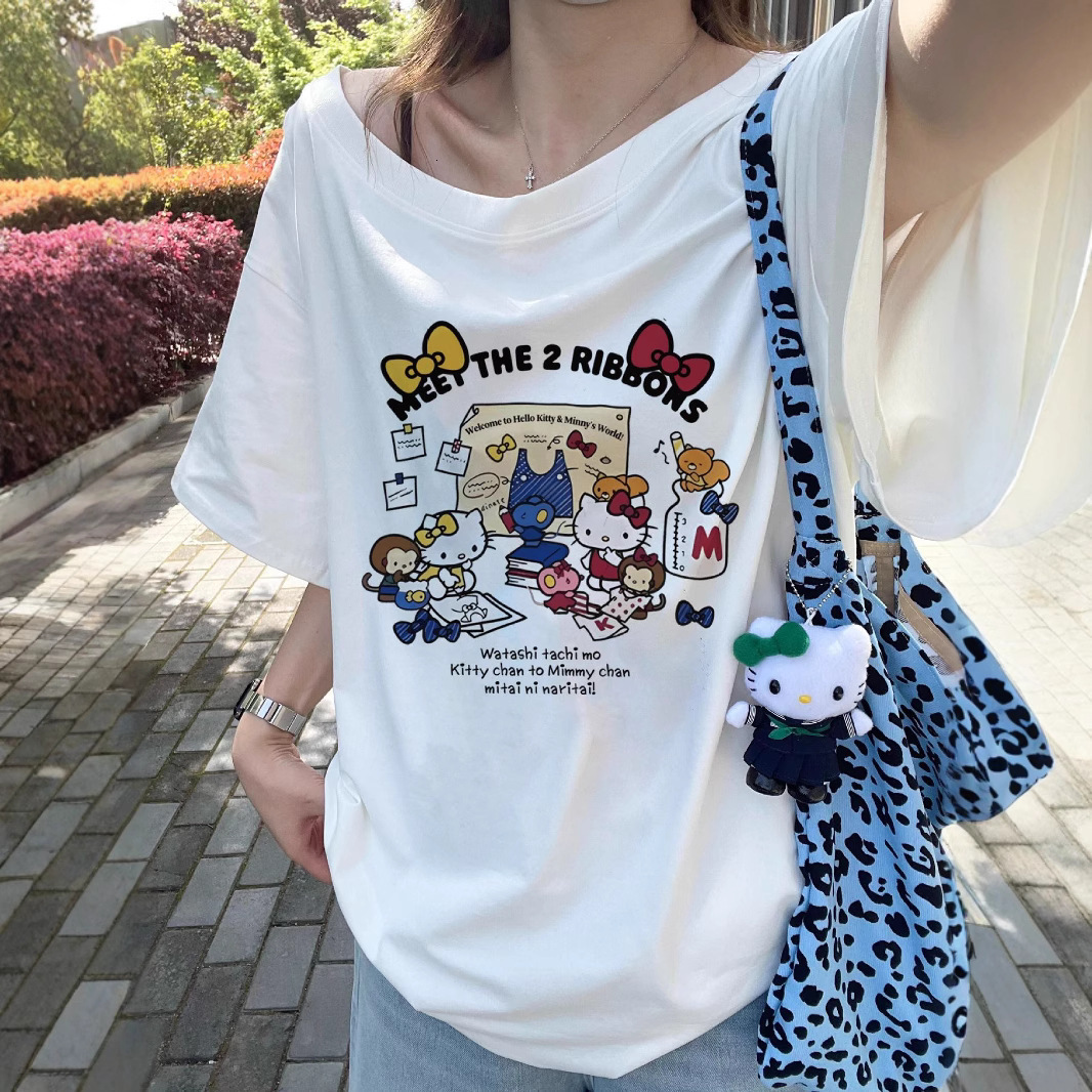 2025 Cotton College Style Off Shoulder Short Sleeve Women's T-shirt Summer New Cartoon Cat Pattern Cute Printed Top New Designer T-shirt