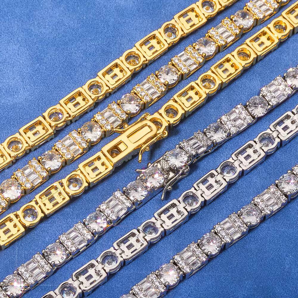 NUOYA Hip Hop Fine Jewelry 925 Silver Tennis Chain Iced Out Mixed Inlay Baguette Round VVS Moissanite Necklace for Women
