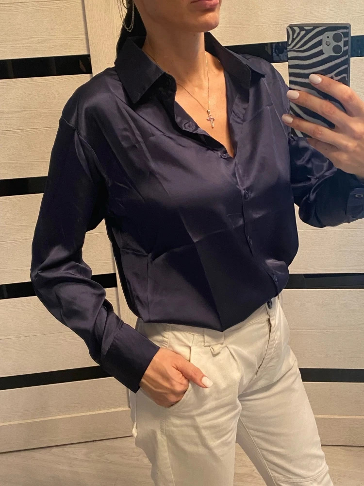 Elegant Satin Loose Women Shirt Spring Turndown Collar Ladies Blouse Autumn Vintage Casual Button Silk Tops 250724
