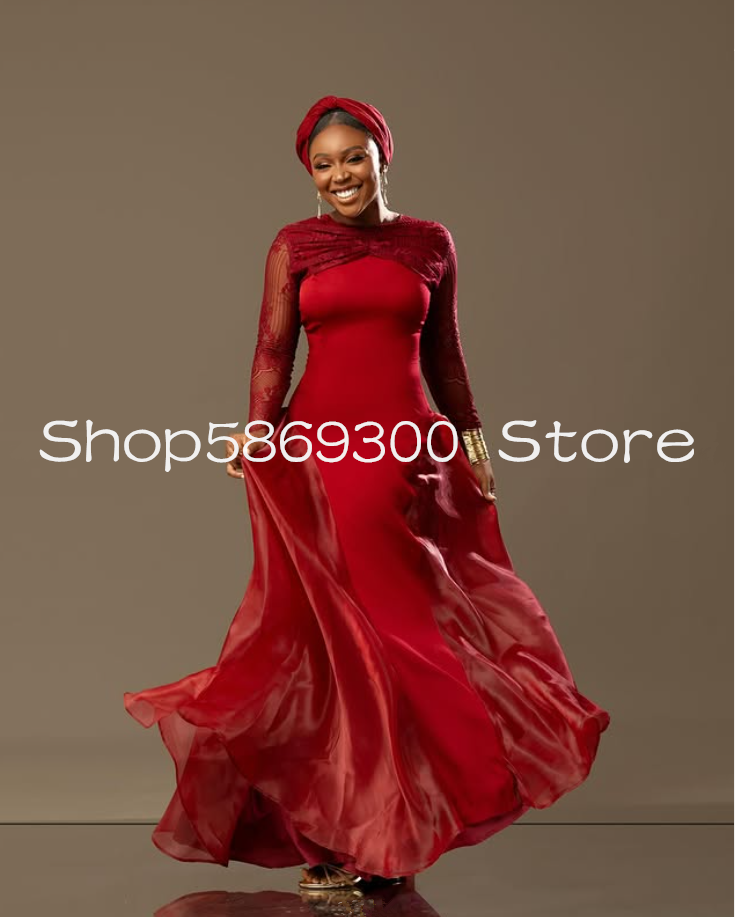 Wine Red African Women Evening Formal Dresses Ruched Lace Organza Long Sleeve Aso Ebi Prom Gala Gown Custmosized