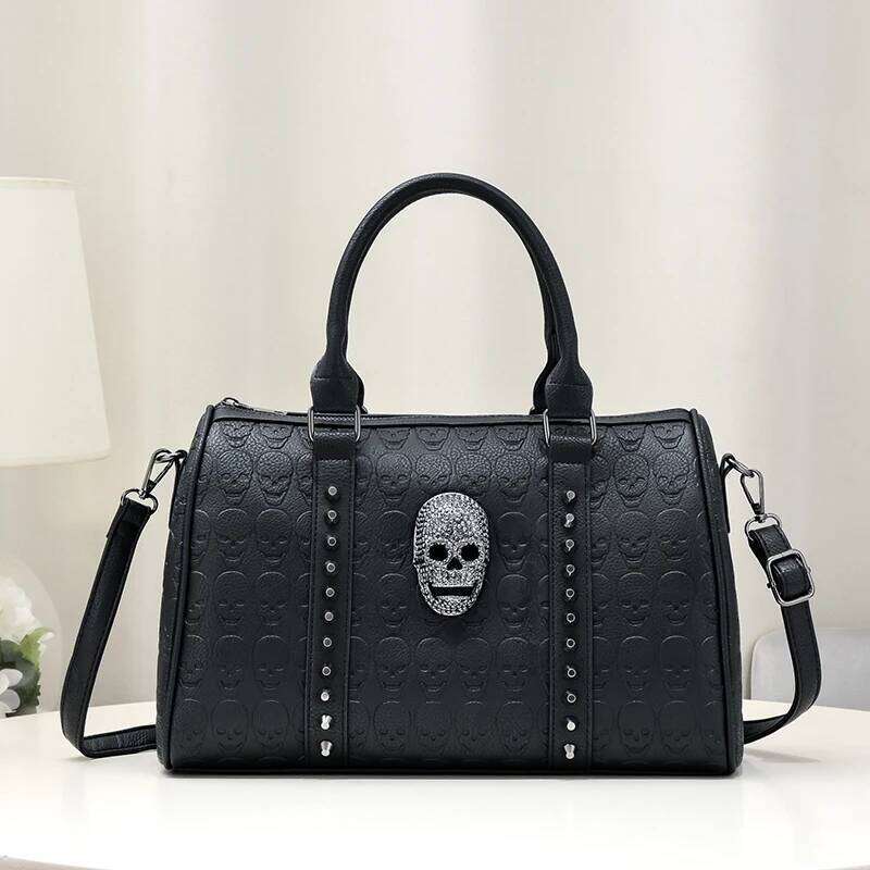Jierotyx Gothic Style Skull Tote for Women Steampunk Studded Decor Boston Trendy Top Handle Crossbody Bag Large