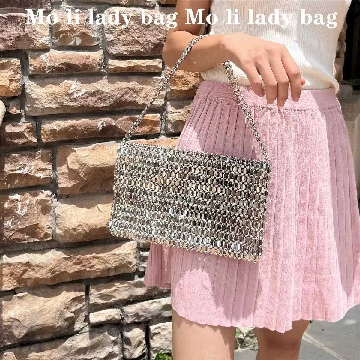 Glitter Shiny Sier Beads Beading Woven Handmade Square Hollow Out Women Fashion Handbag Shoulder Female Casual Bag