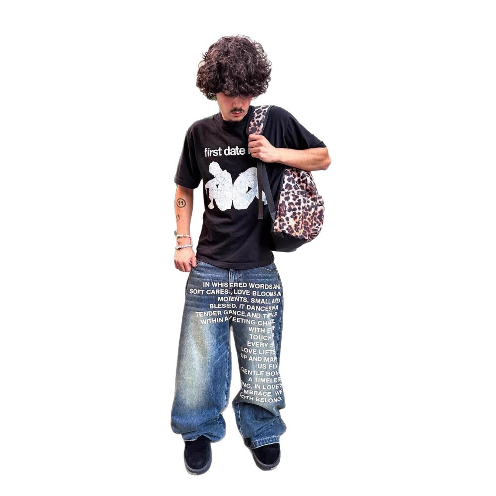 Men's Jeans Y2K Baggy Wide Leg Pants Fashionable Spray White Letters Dialogue Print Vintage Harajuku Men Women Black Street Wear